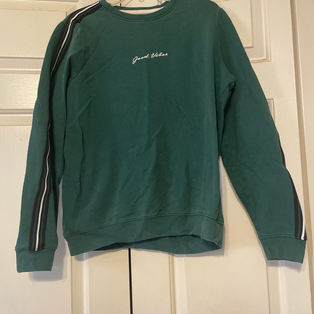 Green Crewneck Sweater with Stripe Detail